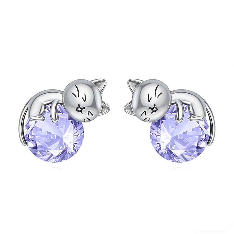 Sterling Silver Birthstone Cat Stud Earrings