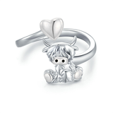 Highland Cow Open Ring 925 Sterling Silver Adjustable Cute Cow Open Rings with Loving Heart Cow Jewelry Gift for Women Girls