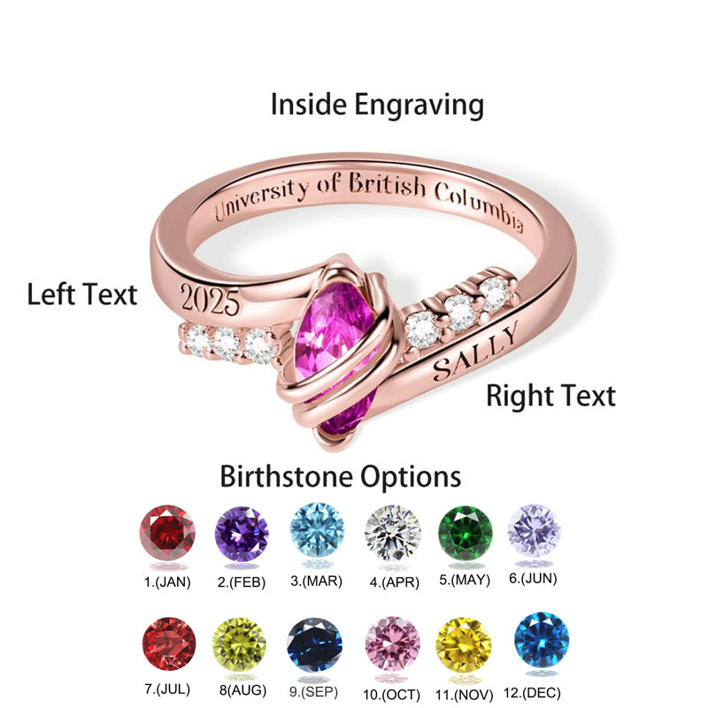 Copper Sterling Silver Personalized Birthstone Engraved Class Ring for Women High School University Graduation Gift