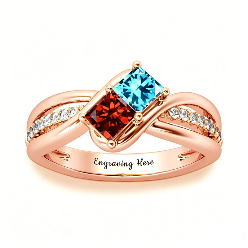 10K 14K 18K Gold Personalized 2 Birthstones Engraved Ring Mother's Day Gift