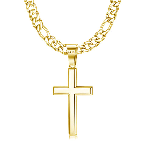 Sterling Silver Cross 5mm Stainless Steel Diamond-Cut Durable Figaro Chain Pendant Necklace