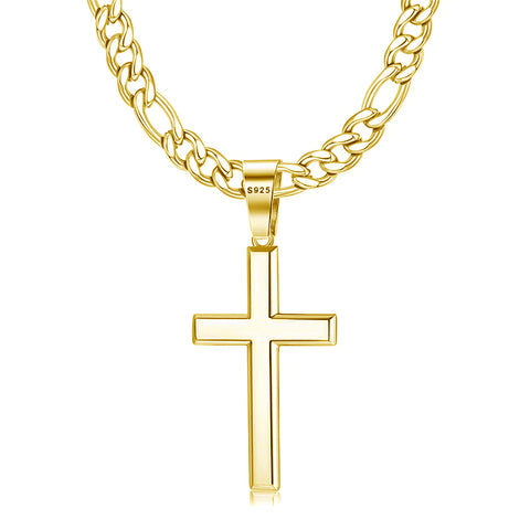 925 Sterling Silver Cross Pendant Necklace for Men Women 5mm Stainless Steel Diamond-Cut Durable Figaro Chain Necklace