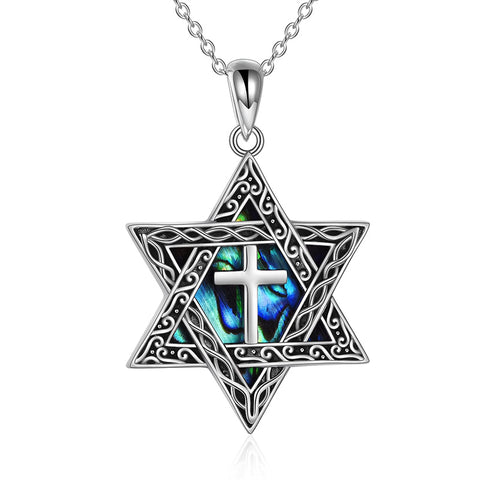 Star of David Necklace Sterling Silver Cross/Chai/Peace Sign/Tree of Life Abalone Shell Jewish Jewelry for Women Men