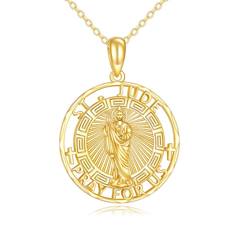 14K Real Gold Patron Saint Necklace Religious Protection Pendant 14K Solid Gold Jewelry Gifts for Men Women