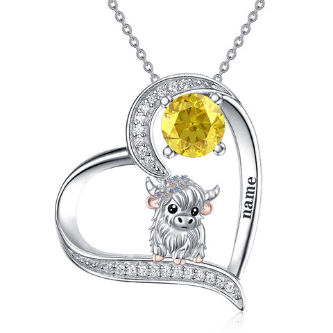 14K Gold Heart Round Birthstone Highland Cow Pendant Necklace