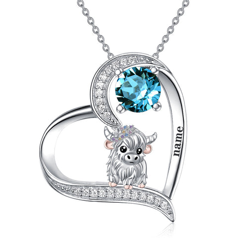 14K Gold Heart Round Birthstone Highland Cow Pendant Necklace