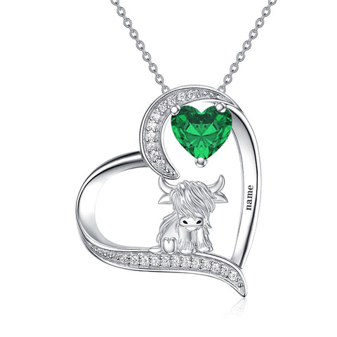 14K Gold Heart Round Birthstone Highland Cow Pendant Necklace