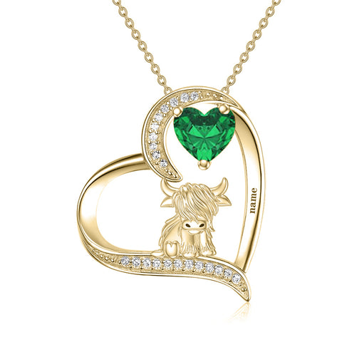 14K Gold Heart Round Birthstone Highland Cow Pendant Necklace