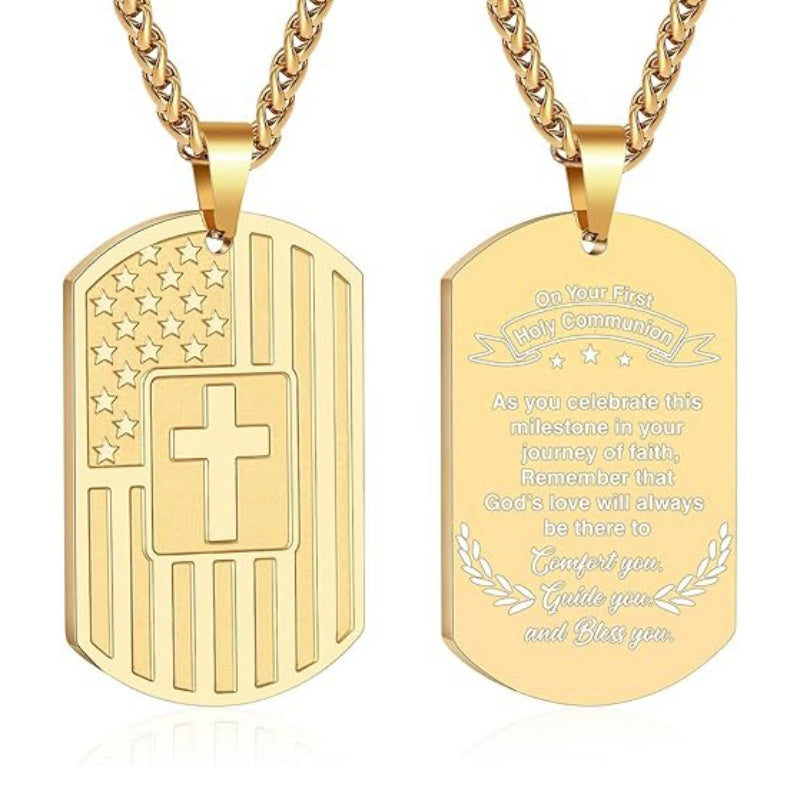 14K Gold Plated American Flag Dog Tag Cross Necklace for Men