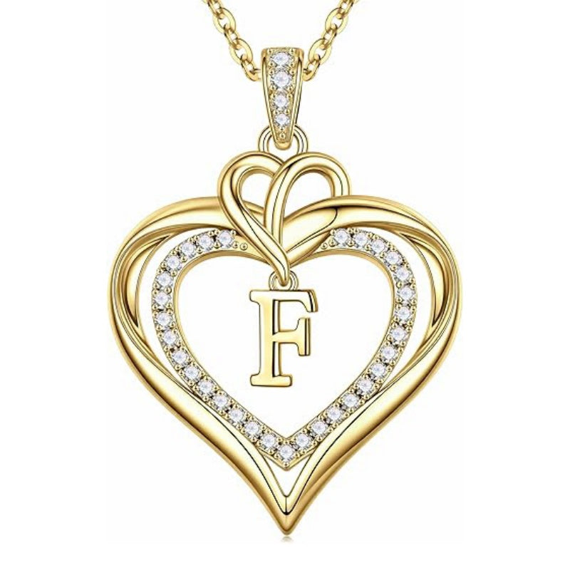14K Gold Plated Initial Double Heart Pendant Necklace Anniversary Birthday Gifts for Women