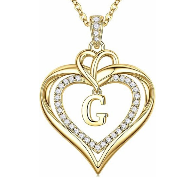 14K Gold Plated Initial Double Heart Pendant Necklace Anniversary Birthday Gifts for Women