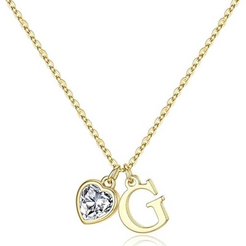 14K Gold Plated Initial A-Z Heart Birthstone Letter Necklace