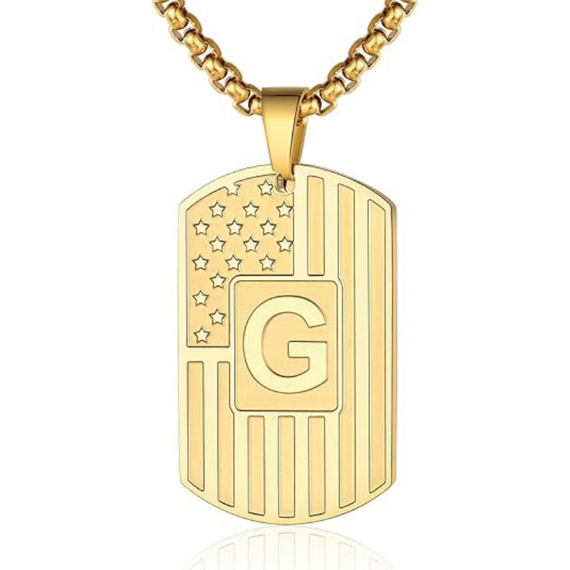 14K Gold Plated Initial A-Z American Flag Dog Tag Necklace for Men