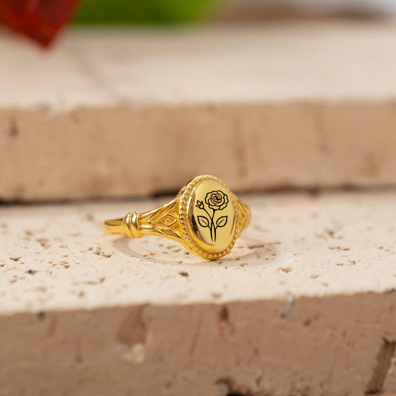 925 Sterling Silver Birth Flower Ring Vintage Flower Signet Ring Mother's Day Gift