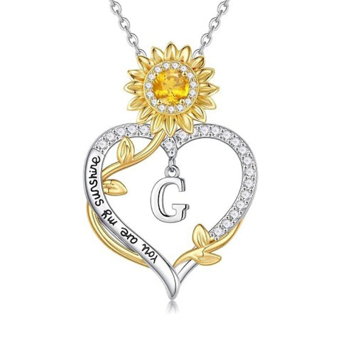 14K Gold Plated Initial Sunflower Pendant Necklace Engraved with You Are My Sunshine