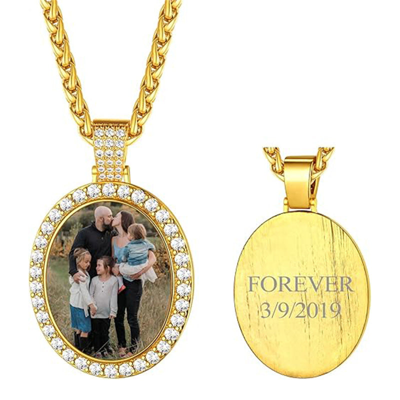 Copper Cubic Zirconia Oval Personalized Photo Engraved Pendant Necklace