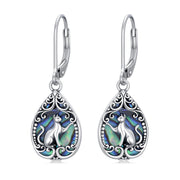 Sterling Silver Abalone Shell Filigree Cat Leverback Earrings ﻿