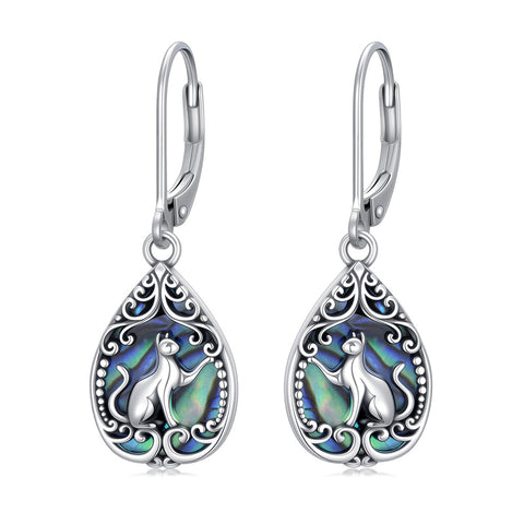 Sterling Silver Abalone Shell Filigree Cat Leverback Earrings ﻿