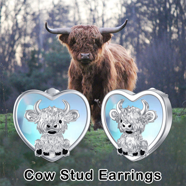 Highland Cow Earrings S925 Sterling Silver Moonstone Cow Stud Earrings Cow Jewelry Gift for Women