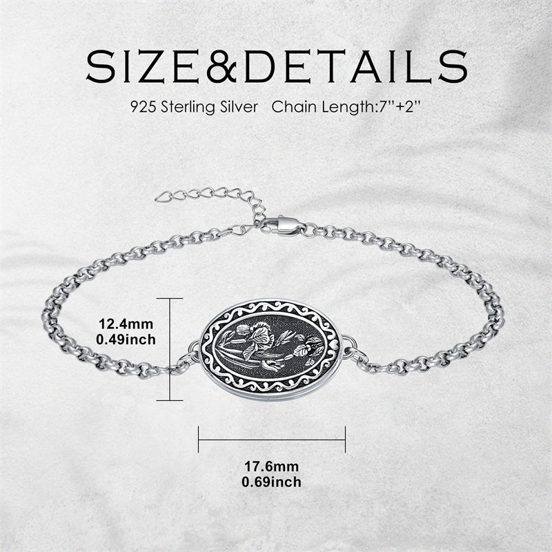 Sterling Silver 12 Month Birth Flower Photo Locket Bracelet