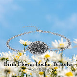 Sterling Silver 12 Month Birth Flower Photo Locket Bracelet