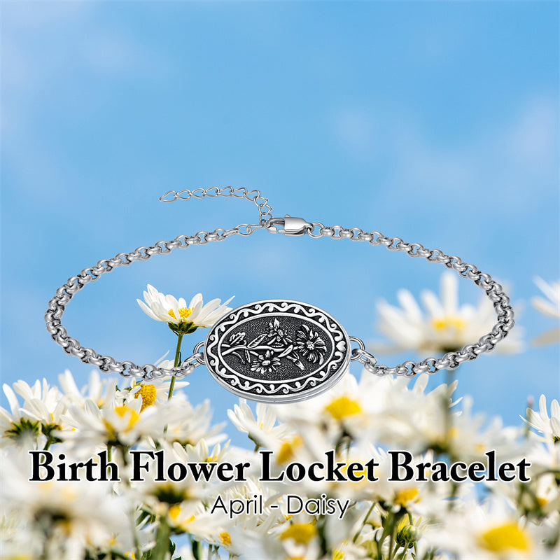 Sterling Silver 12 Month Birth Flower Photo Locket Bracelet