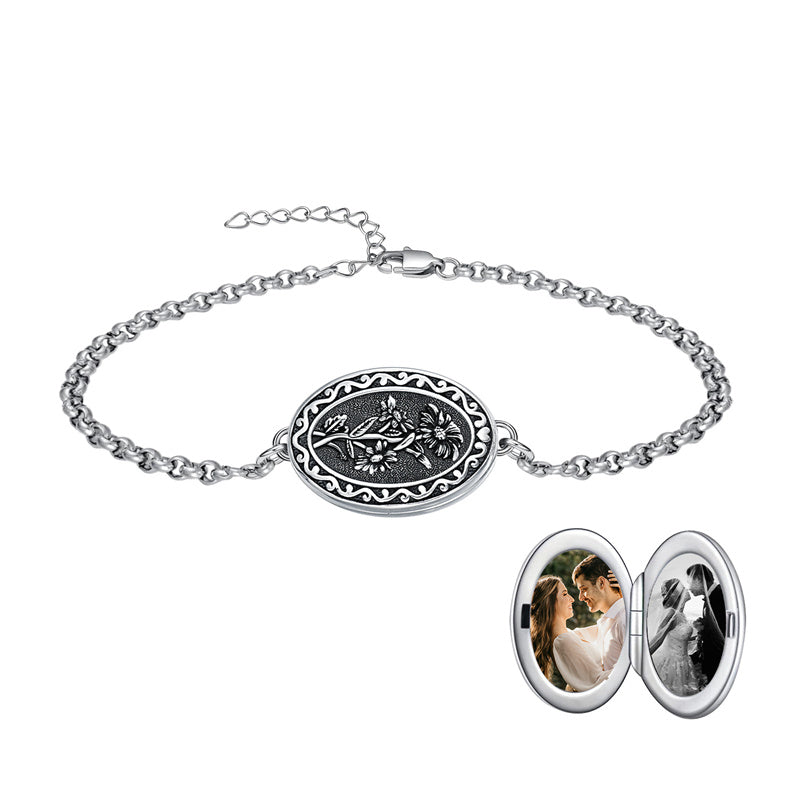 Sterling Silver 12 Month Birth Flower Photo Locket Bracelet
