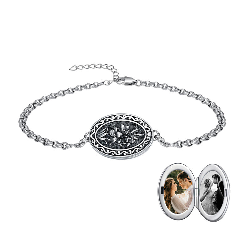 Sterling Silver 12 Month Birth Flower Photo Locket Bracelet