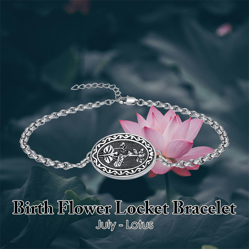 Sterling Silver 12 Month Birth Flower Photo Locket Bracelet