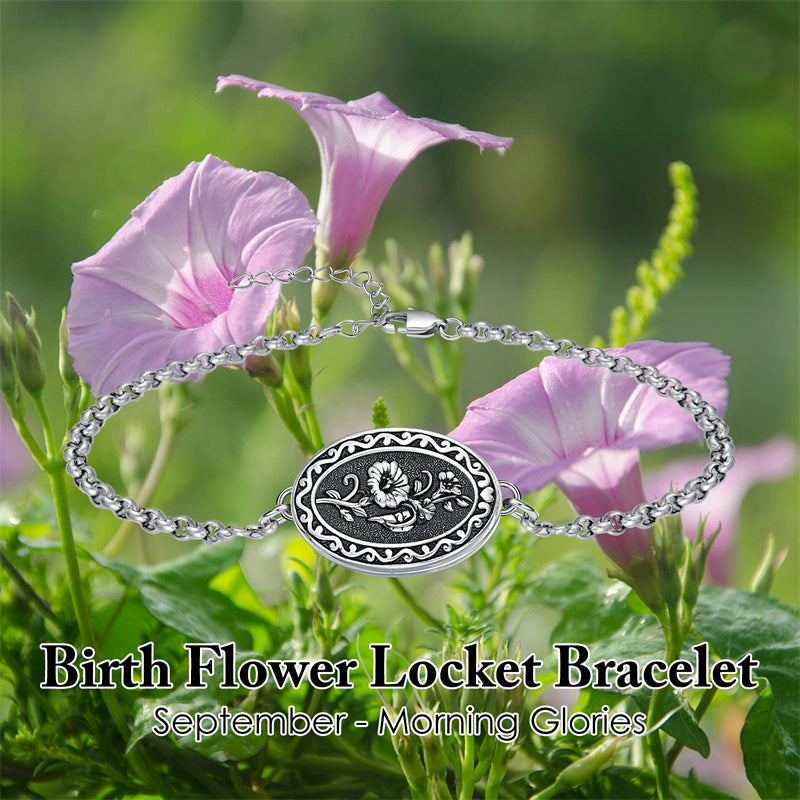 Sterling Silver 12 Month Birth Flower Photo Locket Bracelet