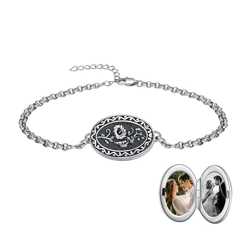 Sterling Silver 12 Month Birth Flower Photo Locket Bracelet