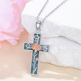 Sterling Silver Turquoise Personalized Engraved 12 Month Birth Flower Cross Pendant Necklace