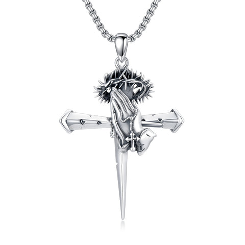 Sterling Silver Praying Hands Angel Sword Wing Cross Pendant Necklace Religious Gifts for Men
