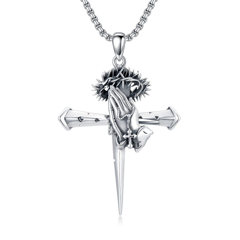 Sterling Silver Praying Hands Angel Sword Wing Cross Pendant Necklace Religious Gifts for Men
