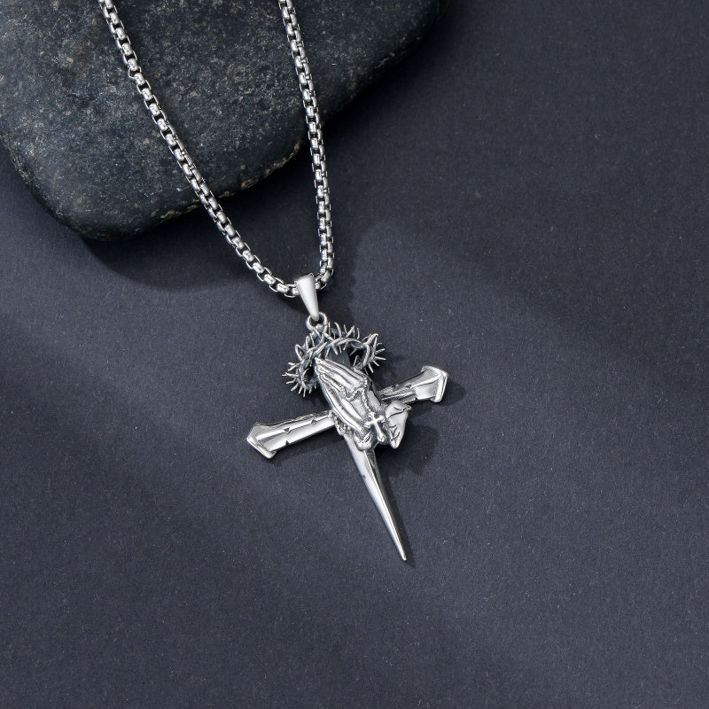 Sterling Silver Praying Hands Angel Sword Wing Cross Pendant Necklace Religious Gifts for Men