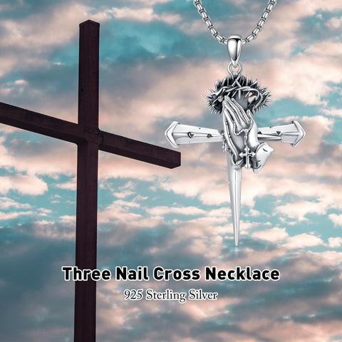 Sterling Silver Praying Hands Angel Sword Wing Cross Pendant Necklace Religious Gifts for Men