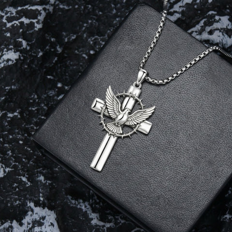 Sterling Silver Praying Hands Angel Sword Wing Cross Pendant Necklace Religious Gifts for Men