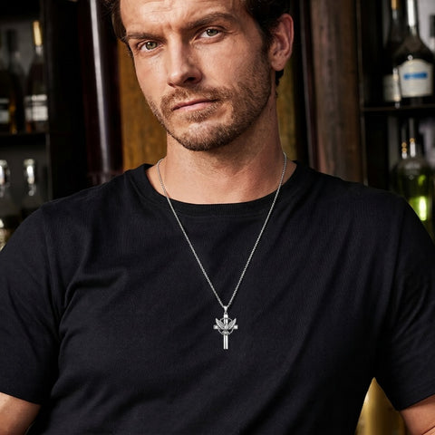 Sterling Silver Praying Hands Angel Sword Wing Cross Pendant Necklace Religious Gifts for Men