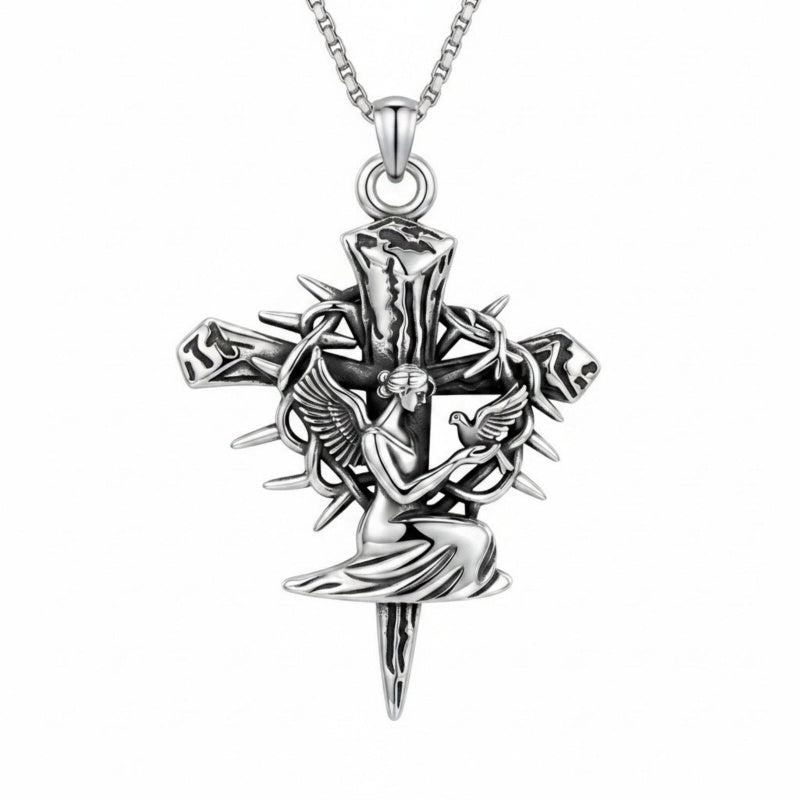 Sterling Silver Praying Hands Angel Sword Wing Cross Pendant Necklace Religious Gifts for Men