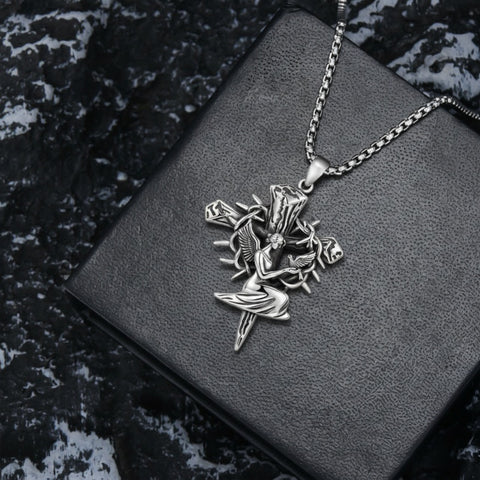 Sterling Silver Praying Hands Angel Sword Wing Cross Pendant Necklace Religious Gifts for Men