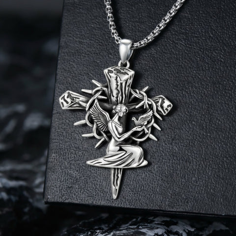 Sterling Silver Praying Hands Angel Sword Wing Cross Pendant Necklace Religious Gifts for Men
