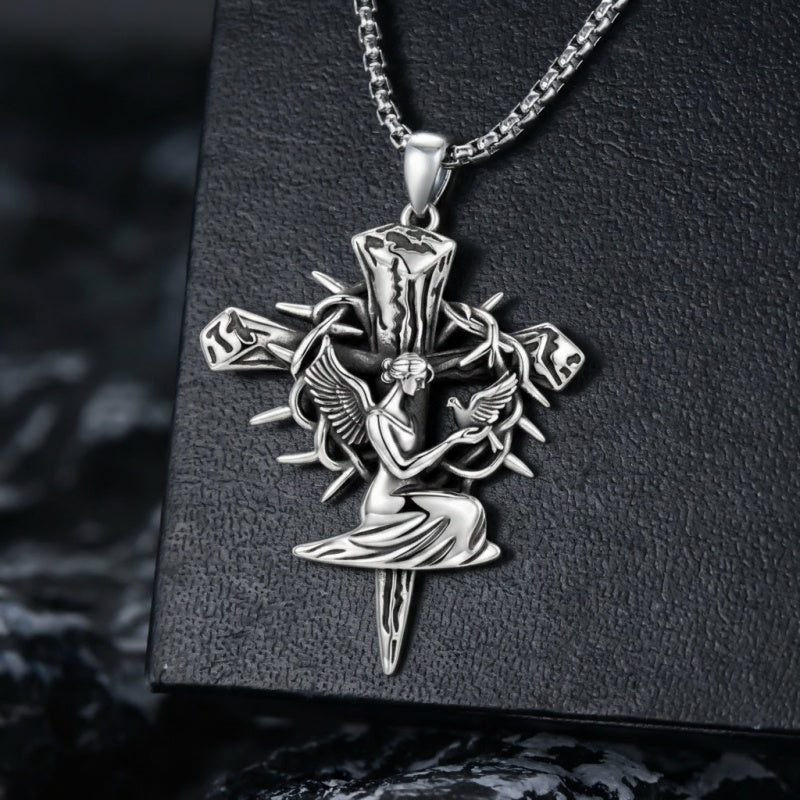 Sterling Silver Praying Hands Angel Sword Wing Cross Pendant Necklace Religious Gifts for Men