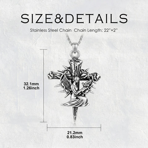 Sterling Silver Praying Hands Angel Sword Wing Cross Pendant Necklace Religious Gifts for Men