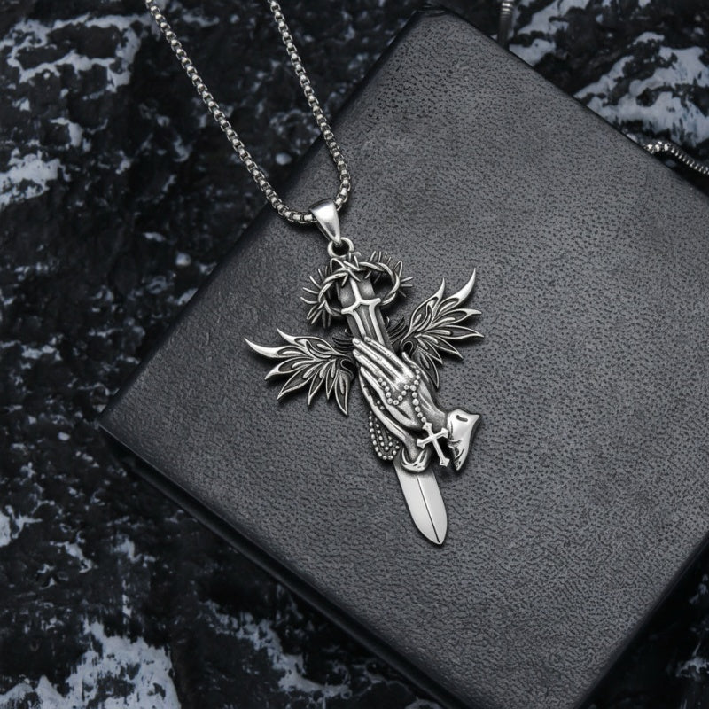 Sterling Silver Praying Hands Angel Sword Wing Cross Pendant Necklace Religious Gifts for Men