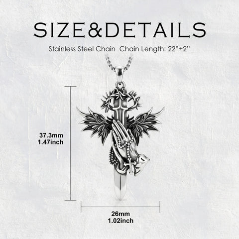 Sterling Silver Praying Hands Angel Sword Wing Cross Pendant Necklace Religious Gifts for Men