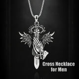 Sterling Silver Praying Hands Angel Sword Wing Cross Pendant Necklace Religious Gifts for Men