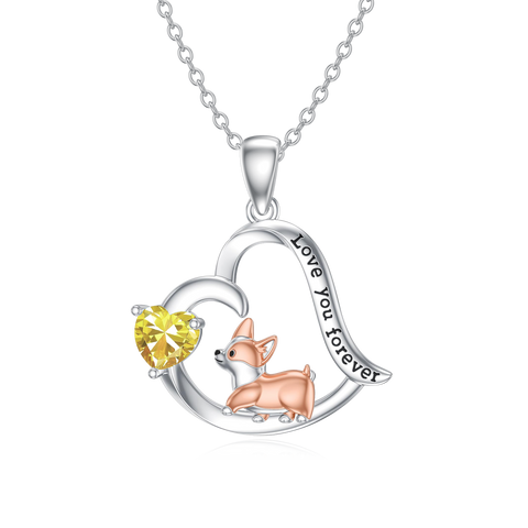 Sterling Silver Birthstone Corgi Pendant Necklace