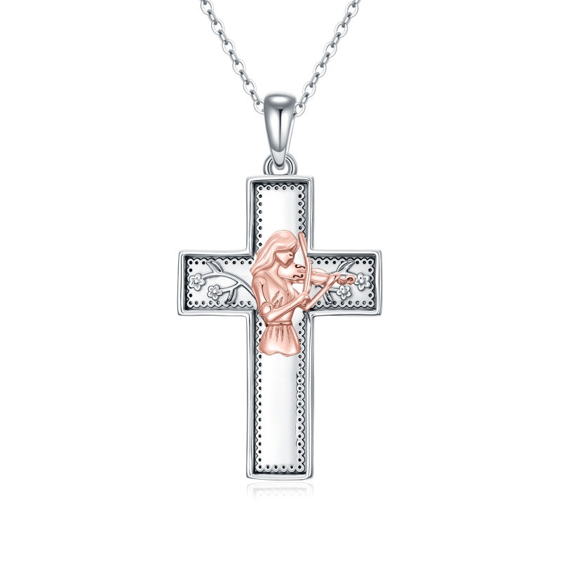 Sterling Silver Cross Flute Gymnastics Violin Piano Cello Pendant Necklace Cross Jewelry Birthday Christmas Gift