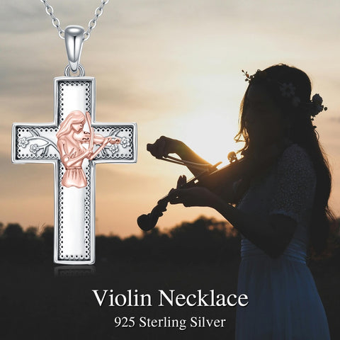 Sterling Silver Cross Flute Gymnastics Violin Piano Cello Pendant Necklace Cross Jewelry Birthday Christmas Gift
