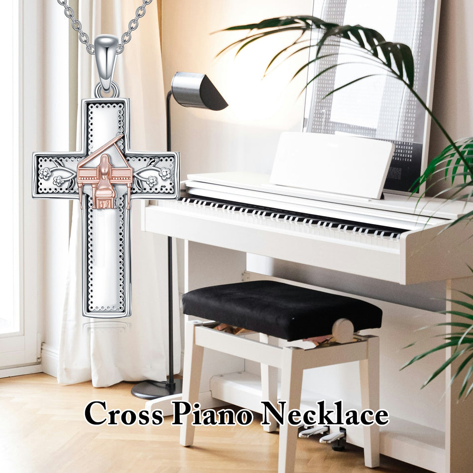 Sterling Silver Cross Flute Gymnastics Violin Piano Cello Pendant Necklace Cross Jewelry Birthday Christmas Gift
